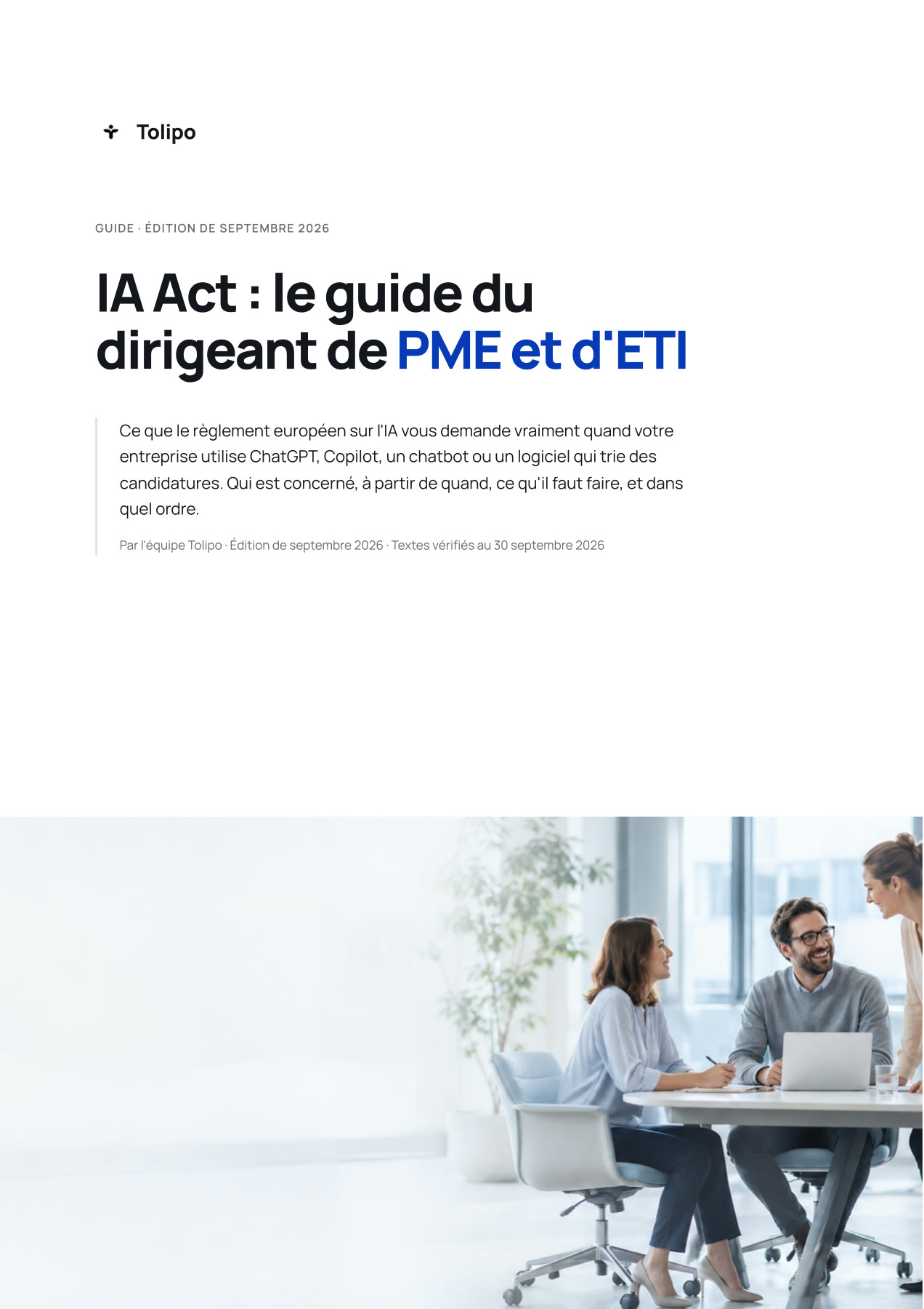 Couverture du guide IA Act pour les dirigeants de PME et d’ETI, édition de septembre 2026